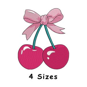 Bow Cherry Machine Embroidery 4 Sizes, Fruit Embroidery Design, Food Embroidery Design