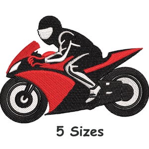 May include: Embroidered design of a motorcycle with a rider in a racing suit. The motorcycle is primarily black with red accents. The rider is black and white. The text "5 Sizes" is at the bottom.