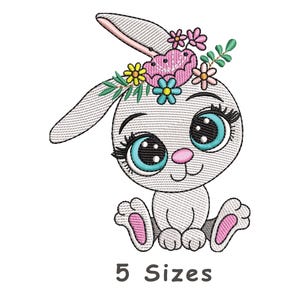 Floral Bunny Embroidery Design 5 Sizes – Bunny with Flowers Embroidery, Spring Rabbit Embroidery Machine Embroidery File – Instant Download