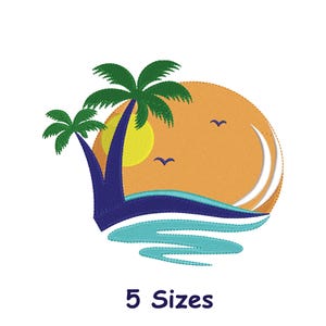 Beach Embroidery Designs 5 Sizes - Tropical Palm Tree Sunset Machine Embroidery Pattern,  Summer Beach Embroidery Design File