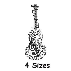 Può includere: Illustrazione in bianco e nero di una chitarra composta da note musicali e simboli, tra cui una chiave di violino. Il testo "4 Misure" è visualizzato in basso.