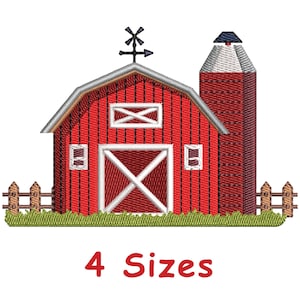 Puede incluir: Granero rojo bordado con puerta y detalles blancos, un silo y una pequeña valla. Una veleta está encima del granero. El texto "4 Tamaños" se muestra en rojo debajo. Adecuado para proyectos de bordado.