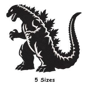 May include: Black and white embroidered Godzilla design. The silhouette of the iconic monster is featured, with details like the dorsal fins and claws. The text "5 Sizes" is displayed below the image.