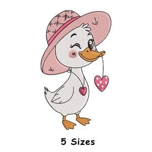 Cute Duck Embroidery Design with Heart & Hat – Machine Embroidery File in 5 Sizes – Instant Download for Baby and Kids Project