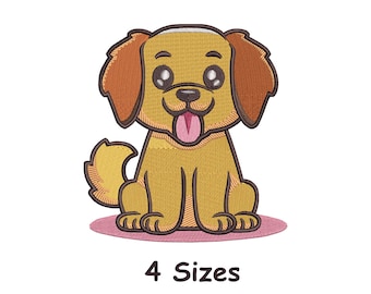 May include: Embroidered cartoon dog with a light brown body, dark brown outline, and brown ears. The dog has a pink tongue and is sitting on a pink oval. The text "4 Sizes" is below the dog.