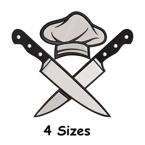 May include: An embroidered design featuring a chef's hat and two crossed knives with black handles. The text "4 Sizes" is below the image. The design is in shades of gray and black on a white background.