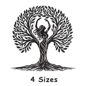 May include: Black and white illustration of a woman within a tree. The woman's form is integrated into the tree's trunk, with her arms reaching up to the branches. The image is labeled "4 Sizes".