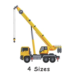 以下が含まれることがあります： 長い角度のブームとケーブルから吊り下げられたフックを備えた黄色のクレーン。 クレーンにはキャブがあり、トラックのシャーシに取り付けられています。 テキスト「4 Sizes」が下に表示されています。