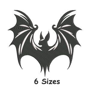 May include: A black bat design with white accents, featuring outstretched wings and a detailed silhouette. The image includes the text "6 Sizes" at the bottom, indicating available sizes for the design. Ideal for embroidery or crafting projects.
