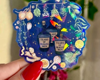 Pegatina "Lágrimas de hombres frágiles" - Calcomanía estética de boticario con poción de bruja - Laminado holográfico para altar - Regalo perfecto para brujas