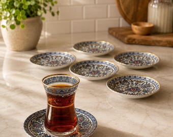12-teiliges türkisches Teeset - 6 Teegläser & 6 dekorative Teeuntertassen | Türkische Teetassen im osmanischen Stil | Traditionelles türkisches Geschenk