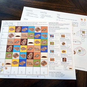 May include: A colorful game board with a grid of dinosaur fossils, a dice, and a discard pile. The game is called "The Dino Dig Adventure".