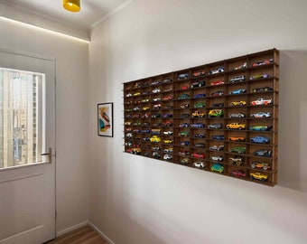 Walnut Toy Car Storage For 100 Cars, Wall Mounted Car Rack/Shelf, Matchbox Car Storage, Matchbox Car Holder, Display Case Organizer for Car