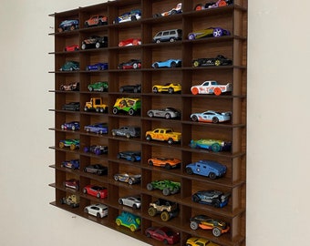 Walnut Toy Car Storage For 50 Cars, Wall Mounted Car Rack/Shelf, Matchbox Car Storage, Matchbox Car Holder, Display Case Organizer for Car