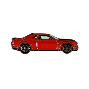 May include: A red sports car pin with black accents on the hood and wheels. The pin is a side profile of the car, showcasing its sleek design and detailing. The wheels have a detailed spoke design.