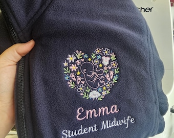 Student Midwife Embroidered Jacket, Personalised Fleece for Midwife, Student Placement Essential, Baby in Womb Floral, Sonographer Name Gift