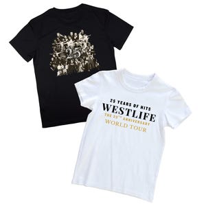 May include: Two t-shirts, one black and one white. The black t-shirt features a grayscale image of a group of people with the number "25". The white t-shirt has the text "25 YEARS OF HITS WESTLIFE THE 25TH ANNIVERSARY WORLD TOUR".