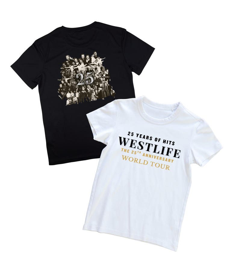 May include: Two t-shirts, one black and one white. The black t-shirt features a grayscale image of a group of people with the number "25". The white t-shirt has the text "25 YEARS OF HITS WESTLIFE THE 25TH ANNIVERSARY WORLD TOUR".