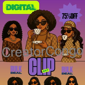 Afro Black Woman Clipart Bundle | African American Clip Art | Fashion Girl PNG | Afrocentric Digital Download | Black Culture Wall Art