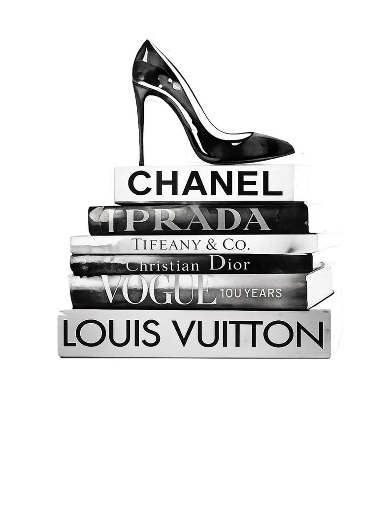 Impresión artística de libros de moda y tacones / Decoración elegante en blanco y negro (descarga digital) imagen 10