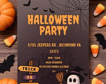 May include: A Halloween party invitation with orange text on a dark gray background, surrounded by pumpkins, candy corn, and black bat cutouts. The invitation includes the address, time, and a ghost illustration.