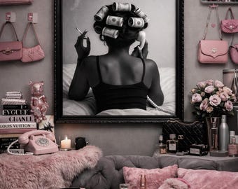 Impresión de jefa glamurosa retro, rulos con dinero, decoración elegante de salón (descarga digital)