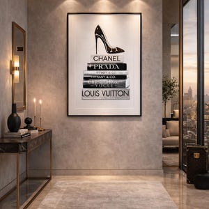 Impresión artística de libros de moda y tacones / Decoración elegante en blanco y negro (descarga digital) imagen 5