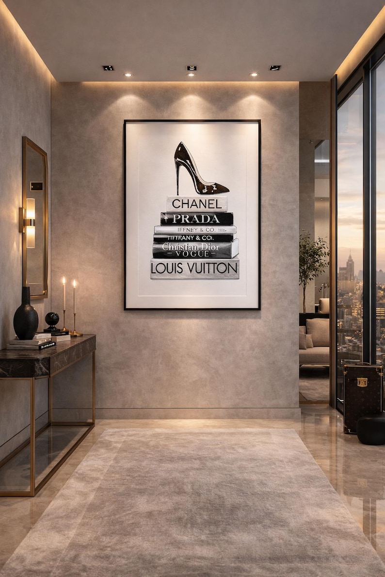 Impresión artística de libros de moda y tacones / Decoración elegante en blanco y negro (descarga digital) imagen 5