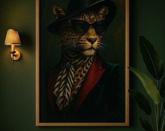 Impresión artística de un elegante retrato de leopardo, traje de terciopelo, safari moderno (descarga digital)