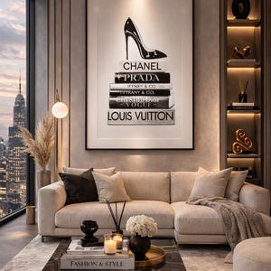 Impresión artística de libros de moda y tacones / Decoración elegante en blanco y negro (descarga digital) imagen 1