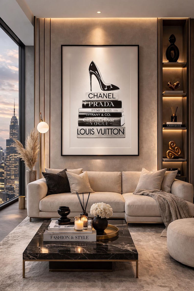 Impresión artística de libros de moda y tacones / Decoración elegante en blanco y negro (descarga digital) imagen 1