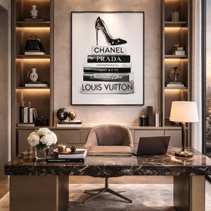 Impresión artística de libros de moda y tacones / Decoración elegante en blanco y negro (descarga digital) imagen 3