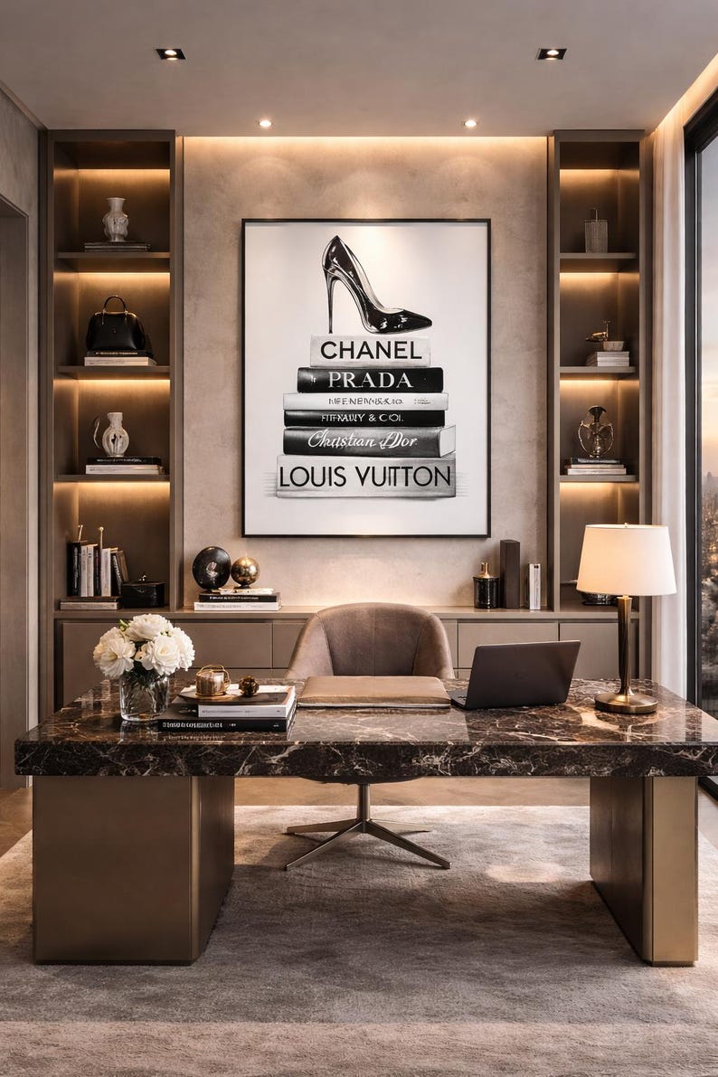 Impresión artística de libros de moda y tacones / Decoración elegante en blanco y negro (descarga digital) imagen 3