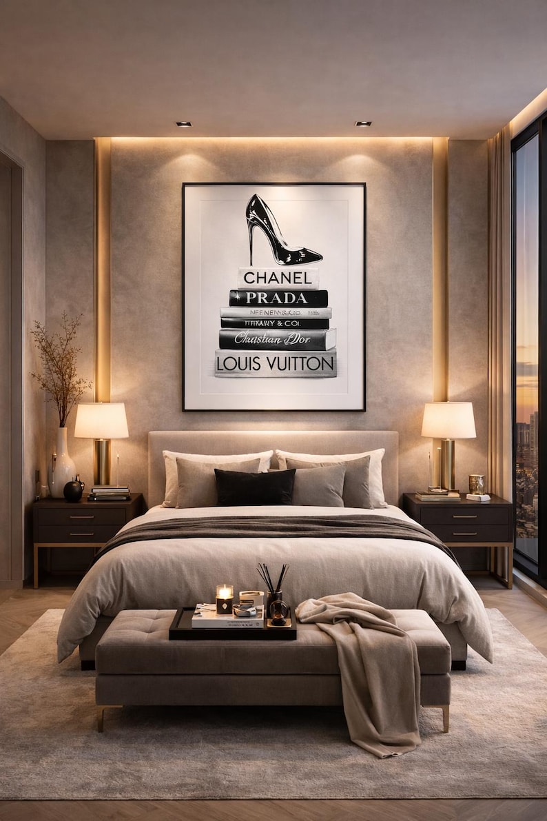 Impresión artística de libros de moda y tacones / Decoración elegante en blanco y negro (descarga digital) imagen 7