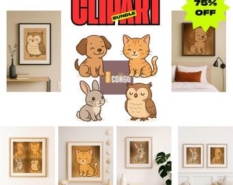 Cartoon Animal Clipart Bundle | Dog, Cat, Rabbit, Owl (Digital Download)