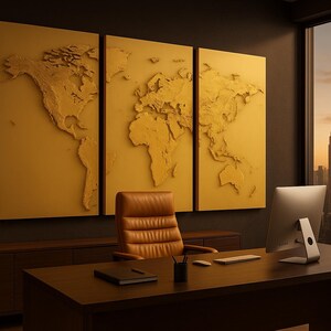 Puede incluir: Un despacho moderno con escritorio, ordenador, teclado y ratón. Detrás del escritorio, una silla de cuero frente a un tríptico de mapas mundiales dorados. Un horizonte urbano es visible a través de una gran ventana.