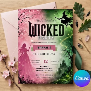 May include: A rectangular party invitation card featuring a split design with a pink princess side and a green witch side. Text reads: You're Invited to a WICKED PARTY, JOIN US FOR A MAGICAL CELEBRATION, SARAH'S 8TH BIRTHDAY, DECEMBER 12, 9:00 AM, MY CASTLE 123 ENCHANTED WAY FAIRYTALE, NY 123A5, RSVP TO JESSICA 0123-456-789.