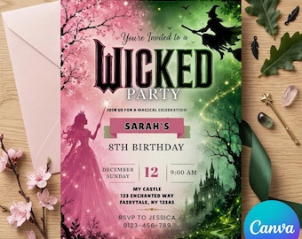 Wicked Geburtstagseinladung, bearbeitbare Hexenparty einladen, Film inspirierte Geburtstagseinladung, grün rosa Themenparty einladen, digitaler Download