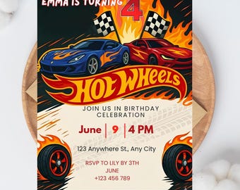 Invito di compleanno a tema auto da corsa Hot Wheels, modello modificabile su Canva, invito personalizzato a tema auto Hot Wheels