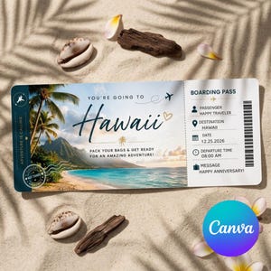 May include: A rectangular boarding pass for a trip to Hawaii featuring a tropical beach scene with palm trees and mountains. The text reads You're Going To Hawaii, Pack Your Bags & Get Ready For An Amazing Adventure, Passenger Happy Traveler, Date 12.25.2026.