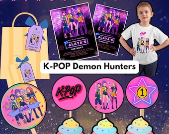 K-Pop Demon Hunter Birthday Party Bundle | Huntrix Invitation, Banner, Cake & Cupcake Toppers, Thank You Card | Printable Party Decor Bundle