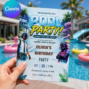 Puede incluir: Una invitación rectangular para una fiesta en la piscina, sostenida en una mano. La invitación presenta las palabras "POOL PARTY!" en letras grandes y coloridas. La invitación también incluye el texto "OLIVIA'S BIRTHDAY PARTY" y la fecha "OCT 25 | 7 PM".