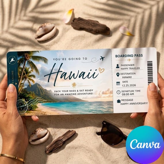 Surprise Hawaii Vacation Travel Ticket Template, Editable Gift Boarding Pass (Canva Digital) Printable Airline Ticket