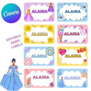May include: A collection of eight rectangular name labels featuring the name ALAIRA in various fonts and colors. Each label has a white cloud-shaped center surrounded by decorative illustrations including princesses, flowers, unicorns, ice cream, donuts, hearts, and castles. The text EDITABLE NAME LABELS is present on the left side.