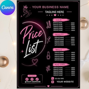 Può includere: Un modello di listino prezzi per salone su sfondo nero con testo e grafiche in stile neon rosa. Include sezioni per Hair, Beauty, Nails e Add Ons, con icone di forbici, pennello da trucco e smalto. Il testo riporta la scritta Price List.