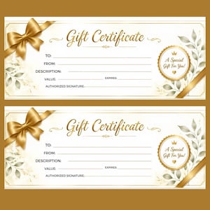 May include: A rectangular gift certificate template featuring a gold ribbon bow on the left, gold leaf illustrations, and the text Gift Certificate. It includes fields for To, From, Description, Value, Expires, and Authorized Signature, plus a seal.