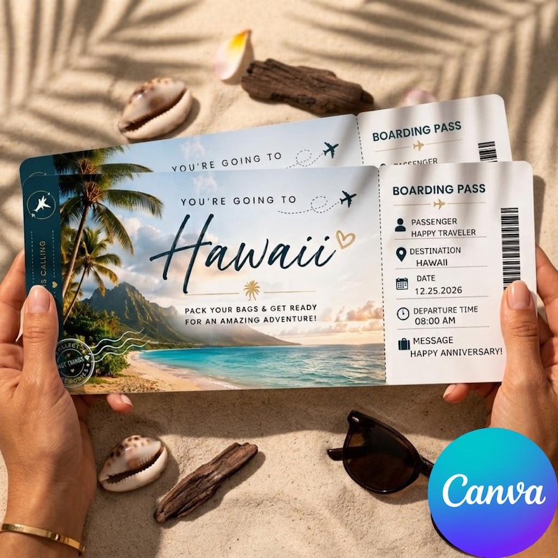 May include: A rectangular boarding pass printed with the text You're Going To Hawaii, featuring a tropical beach scene with palm trees, mountains, and ocean. The pass includes details like Passenger Happy Traveler, Destination Hawaii, Date 12.25.2026, Departure Time 08:00 AM, and Message Happy Anniversary.