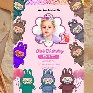 Labubu-verjaardagsuitnodiging: pastelfeest, afdrukbare uitnodiging (5*7 inch, canva bewerkbaar, direct downloaden)