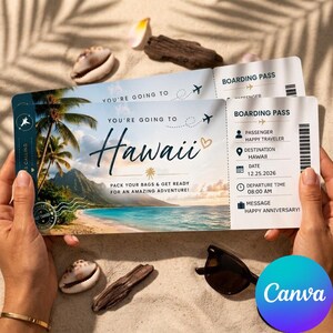 May include: A rectangular boarding pass printed with the text You're Going To Hawaii, featuring a tropical beach scene with palm trees, mountains, and ocean. The pass includes details like Passenger Happy Traveler, Destination Hawaii, Date 12.25.2026, Departure Time 08:00 AM, and Message Happy Anniversary.
