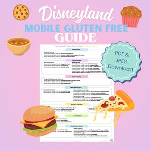 May include: A pink and white Disneyland Mobile Gluten Free Guide with illustrations of food items like a cookie, soup, cupcake, burger, and pizza. The guide is available for PDF and JPEG download.